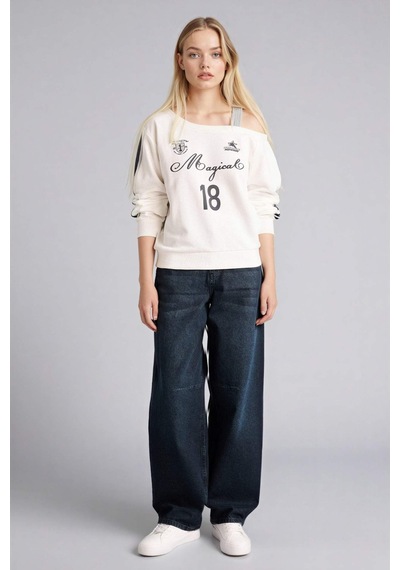 Defacto Kayık Yaka Baskılı Sweatshirt G9614ax26spwt32 Beyaz-wt32