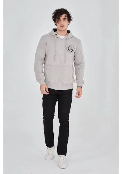 Mbb E-ticaret Erkek 3 İplik Pamuklu Fermuarlı Kapüşonlu Kanguru Cepli Baskılı Hoodie Hırka Sweatshirt - Boyalı Gri