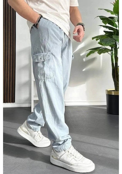 Edwox Erkek Baggy Kalıp Kargo Cepli Pantolon Açık Mavi Edw131