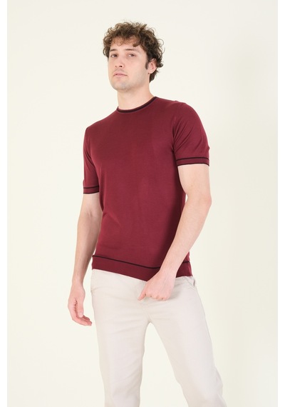 Giyim Dünyası Erkek Sıfır Yaka Biyeli Merserize T-shirt Bordo 001
