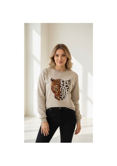 Caddekombin Yarım Yüz Leopar Baskılı Bisiklet Yaka Bej Sweatshirt Bej