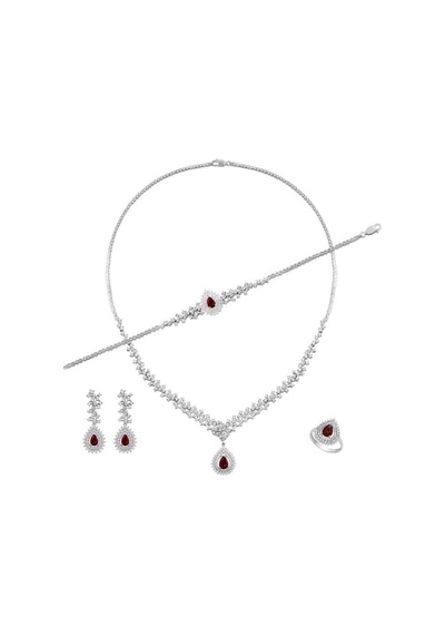 Kadın Gümüş Set - Çise Yakut Taşlı Su Yolu Set • Işıklı Kutuda • Düğün • Nişan • Gelin Seti