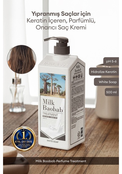 Yıpranmış Saçı Onaran Parfümlü Keratinli Saç Kremi Mılk Baobab Perfume Treatment White Soap