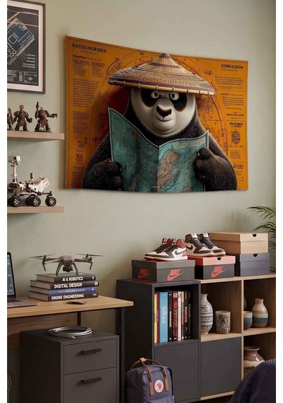 Kung Fu Panda Po Harita Ve Gezgin Temalı Dekoratif Duvar Örtüsü Duvar Halısı Beyaz