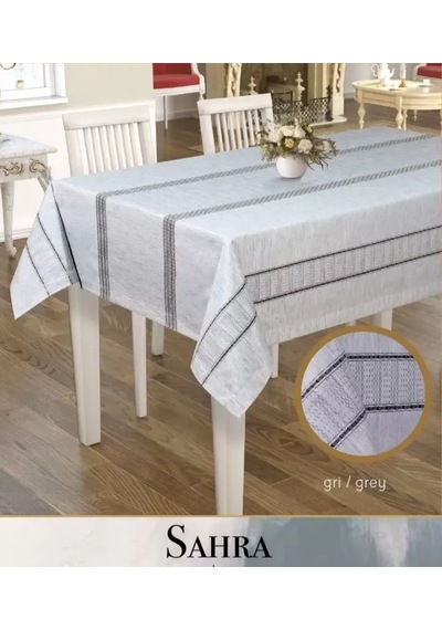 160x260 Cm Sahra Model Gri Polyester Ajurlu Keten Masa Örtüsü Tablecloth Dantelli Yemek Masası