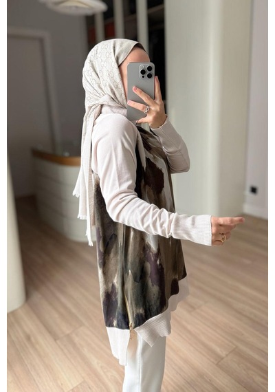 Kahijab Yan Fermuarlı Desenli Boğazlı Merserize Tunik - Krem