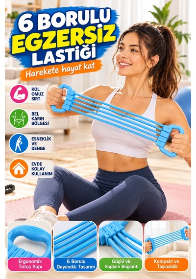 6 Borulu Egzersiz Lastiği Evde Spor Fitness Direnç Lastiği Kol Omuz Sırt Karın Egzersiz Aleti Lastik Çok Renkli