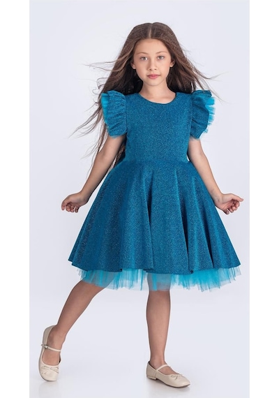 Mnk Baby & Kids Simli Şanzelize Kız Çocuk Abiye Elbise M00669 Turkuaz