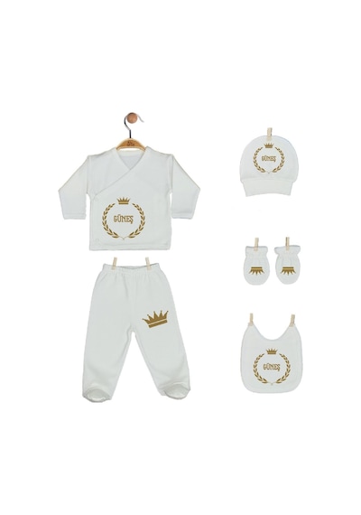 Pia Baby 2007 İsme Özel Taçlı Beşli Zıbın Set Krem