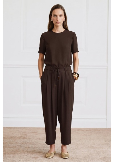 Sateen Kısa Kollu Bluz - Kahve-137404