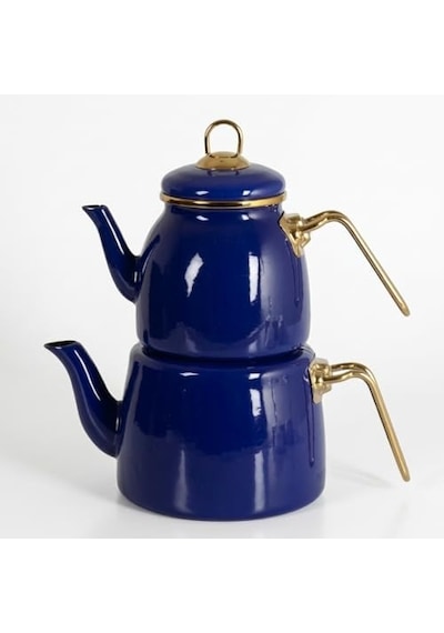 İçten Kaplamalı Emaye Çaydanlık Takımı - Gold Detaylı Nostaljik Alt Üst Çay Seti 1.2 Litre + 2 Litre - 3 Renk Seçeneği Mavi