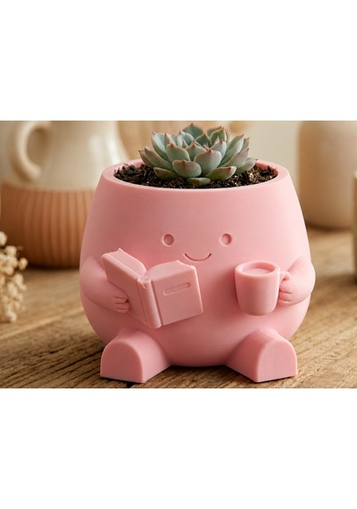 3d Baskı Kitap Okuyan Saksı - Kupa Tutan Sevimli Saksı-pembe