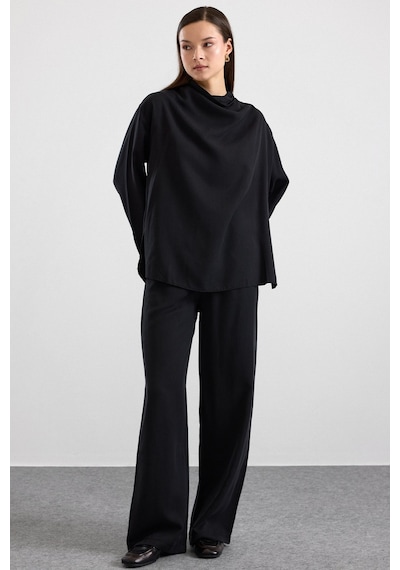 Olcay Degaje Yaka Oversize Pantolon Bluz İkili Takım Siyah 9483-tk
