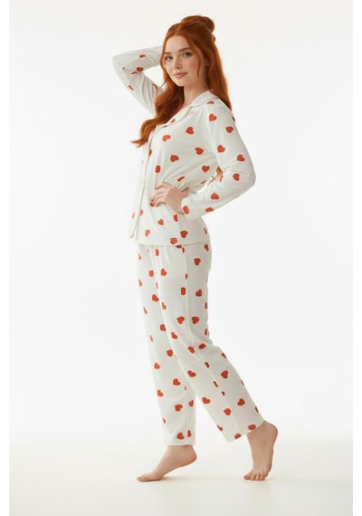 Süet Gömlek Pijama Takımı 7101 Kalpli Kırmızı Beyaz