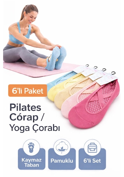 Emre Kadın Pilates Çorabı 6 Lı Set Kaymaz Tabanlı, Pamuklu Yoga & Spor Çorabı Renkli Paket Karışık Renk