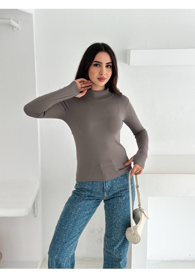 Kadın Yarım Balıkçı Yaka Parmak Geçmeli Full Likralı Buzz Body Vizon