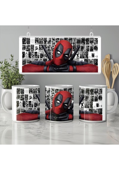Deadpool Kupa Bardak - Marvel Karakter Tasarımı - Siyah Beyaz Arka Planlı Koleksiyon Model Beyaz