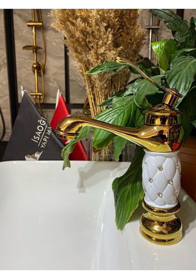 İsaoğlu Yapı Gold Lavabo Bataryası Altın Lavabo Musluk Taşlı Özel Tasarım Altın Batarya Gold