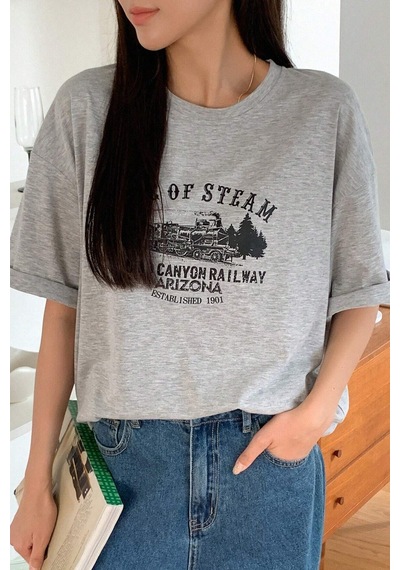 Unisex Age Of Steam Baskılı Tasarım Tshirt Gri