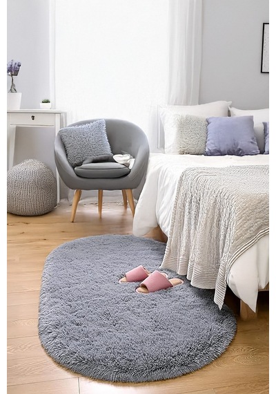 Gri Oval Post Halı Kesme Yolluk Peluş Yumuşak Kaymaz Dot Taban