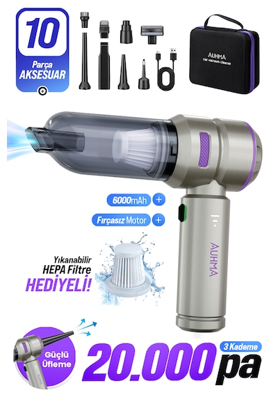 Auhma Ahv-02 20.000PA Kablosuz Taşınabilir Araç İçi Süpürgesi Mor