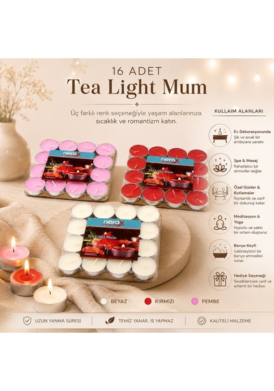 16 Parça Kırmızı Tea Light Yuvarlak Mum 5570 Default
