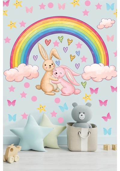Gökkuşağı Sevimli Tavşanlar Yıldızlar Ve Kalpler Sticker