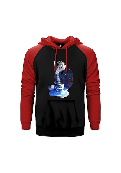 Nirvana Kurt Cobain Galaksi Kırmızı Renk Reglan Kol Kapşonlu Sweatshirt Kırmızı