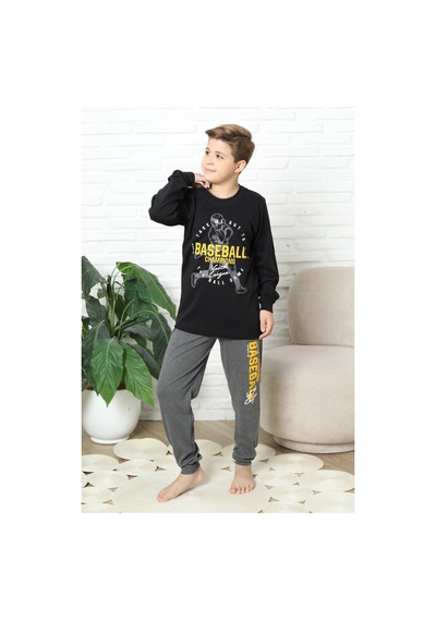 Modanino Erkek Çocuk Pijama Takımı %100 Pamuk İnterlok Kumaş 12447 Siyah