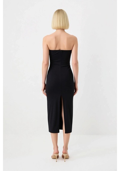 Benerly Kadın Straplez Bodycon Maxi Elbise Kolsuz Derin Yırtmaçlı Poplin Siyah
