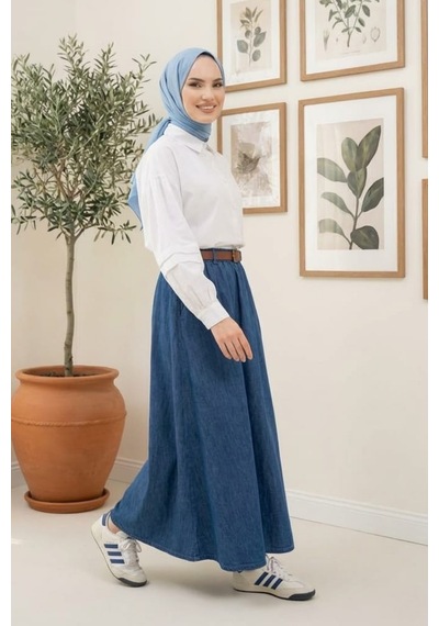 Hb Harma Time Butik Kadın Kemerli Cepli Koyu Kot Mavi Etek Koyu Mavi Koyu Mavi