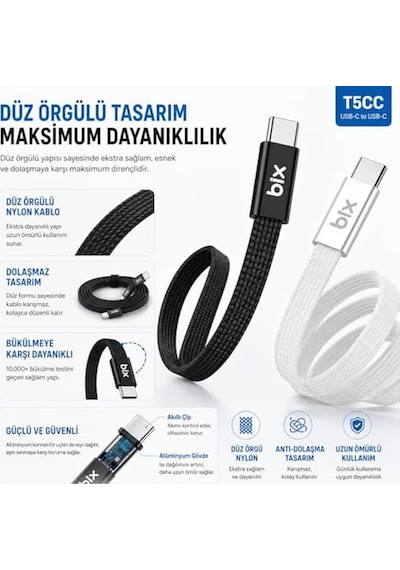 Bix T5cc-bk Siyah 1 Metre 240w Type-c To Type-c Örgülü Hızlı Şarj Ve Data Kablosu, 480mbps 240w Type C Turbo Şarj Diğer