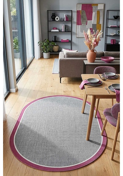Natura Sisal Hasır Görünümlü Çift Bordürlü Oval Halı Ntr32 Fuşya