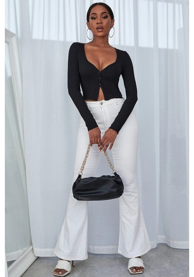 Kadın Siyah Uzun Kollu Düğmeli Göğüs Ve Göbek Dekolteli Crop Top Bluz