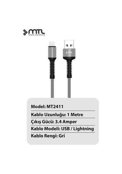 3.4 A Ultra Hızlı Lightning To Usb Güçlendirilmiş Hasır Örgü Ultra Şarj Ve Data Kablosu Mt2411