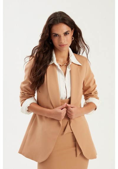 Sateen Klasik Yaka Uzun Ceket - Camel