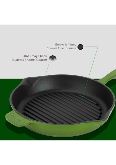 Lava Döküm Yuvarlak Izgara Tava Döküm Demir Yekpare Saplı Çap Ø 28cm. Yeşil Kırmızı