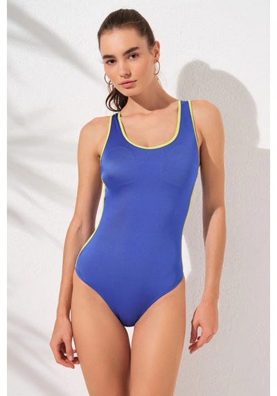 Pierre Cardin Saks Mavisi Cut Out Sırtı Çapraz Yüzücü Mayo Yeşil Şerit Detaylı Kaplı Yuvarlak Yaka Konforlu Saks Mavisi