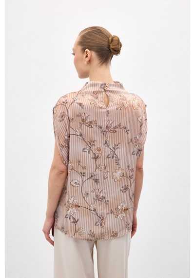 Sateen Kısa Kollu Desenli Bluz - Kahve-137042 kahve