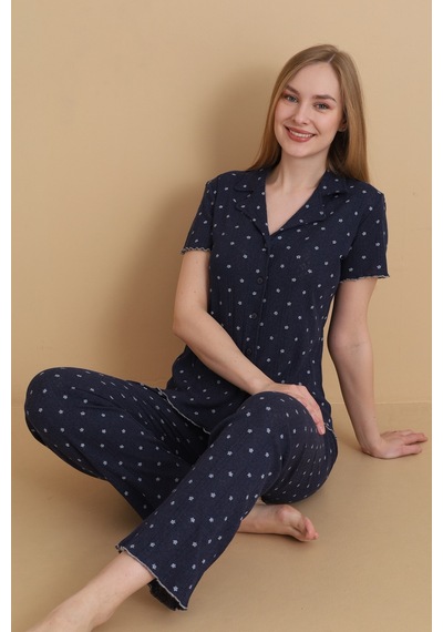 Wordex Mirano 1709 Çiçekli Pointel İnce Kumaş Düğmeli Kısa Kollu Kadın Pijama Takımı Lacivert Wordex Mirano 1709 Çiçekli Pointel İnce Kumaş Düğmeli Kısa Kollu Kadın Pijama Takımı Lacivert