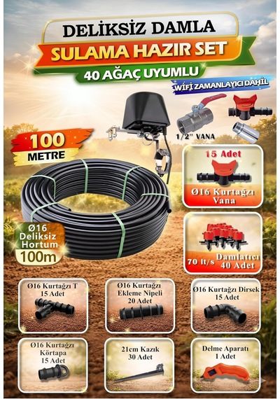 Akıllı Damla Sulama Seti 100m Wifi + Otomatik Zamanlayıcı Dahil 16mm Pe Hortum 40 Damlatıcı Hs0033