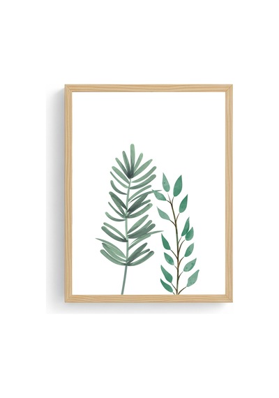 Doğal Ahşap Çerçeveli Minimal Yaprak Desenli Tablo - Yeşil Tonlar Huhu1642