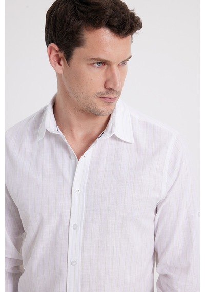Tudors Erkek Slim Fit Dar Kesim Uzun Kollu %100 Pamuk Keten Doku Çizgili Gömlek-42651 Beyaz