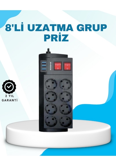 Cosmotex Isıya Dalı Termal Akım Korumalı 8'li Priz Ve 3 Usb Girişli Uzatma Kablosu