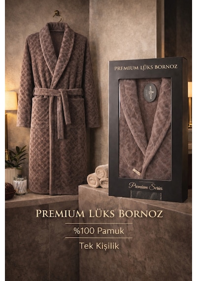 %100 Pamuktan Üretim Premium Lüks Bornoz Özel Çantalı Kahverengi