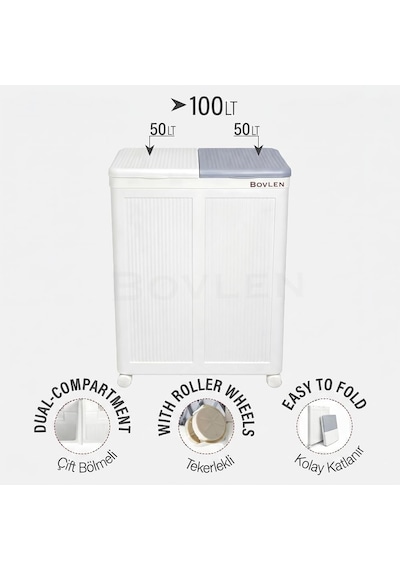 Mega Boy Havalandırmalı Çamaşır Sepeti - 100 Litre Oyuncak Kutusu - Tekerlekli - Çift Bölmeli 2x50 Lt - 49.5x36x6 Çok Renkli