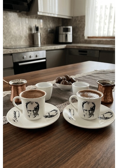 2'li Atatürk Silüet Ve İmzalı Kahve Fincanı Seti - Baskılı Fincan Takımı Beyaz