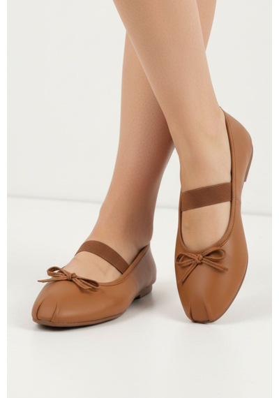 Napa Shoes Kadın Lastik Bantlı Fiyonklu Kare Burun Babet Ayakkabı Napa-aes19210 Taba