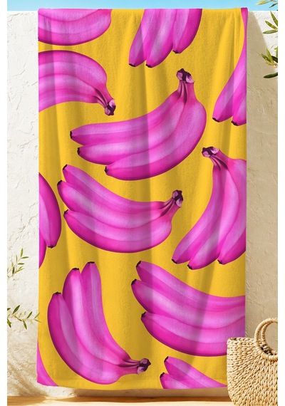 Muz Desenli Tropikal Sarı Pembe Plaj Havlusu - Modern Pop Art Yazlık Hızlı Kuruyan Mikrofiber Havlu Çok Renkli