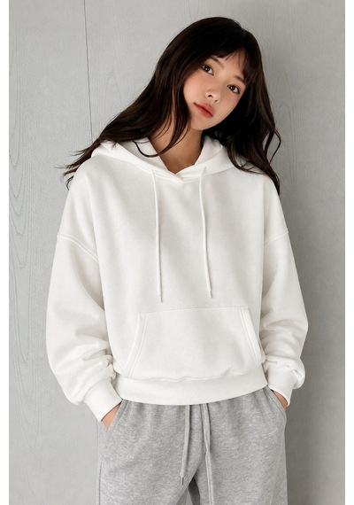 Cool Tarz Kadın Oversize Hoodie Sweatshirt Kapüşonlu Kanguru Cepli Beyaz Beyaz